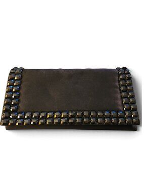 Nordstrom Black Satin Evening Clutch Purse Faceted Beaded Formal Cocktail Bag
